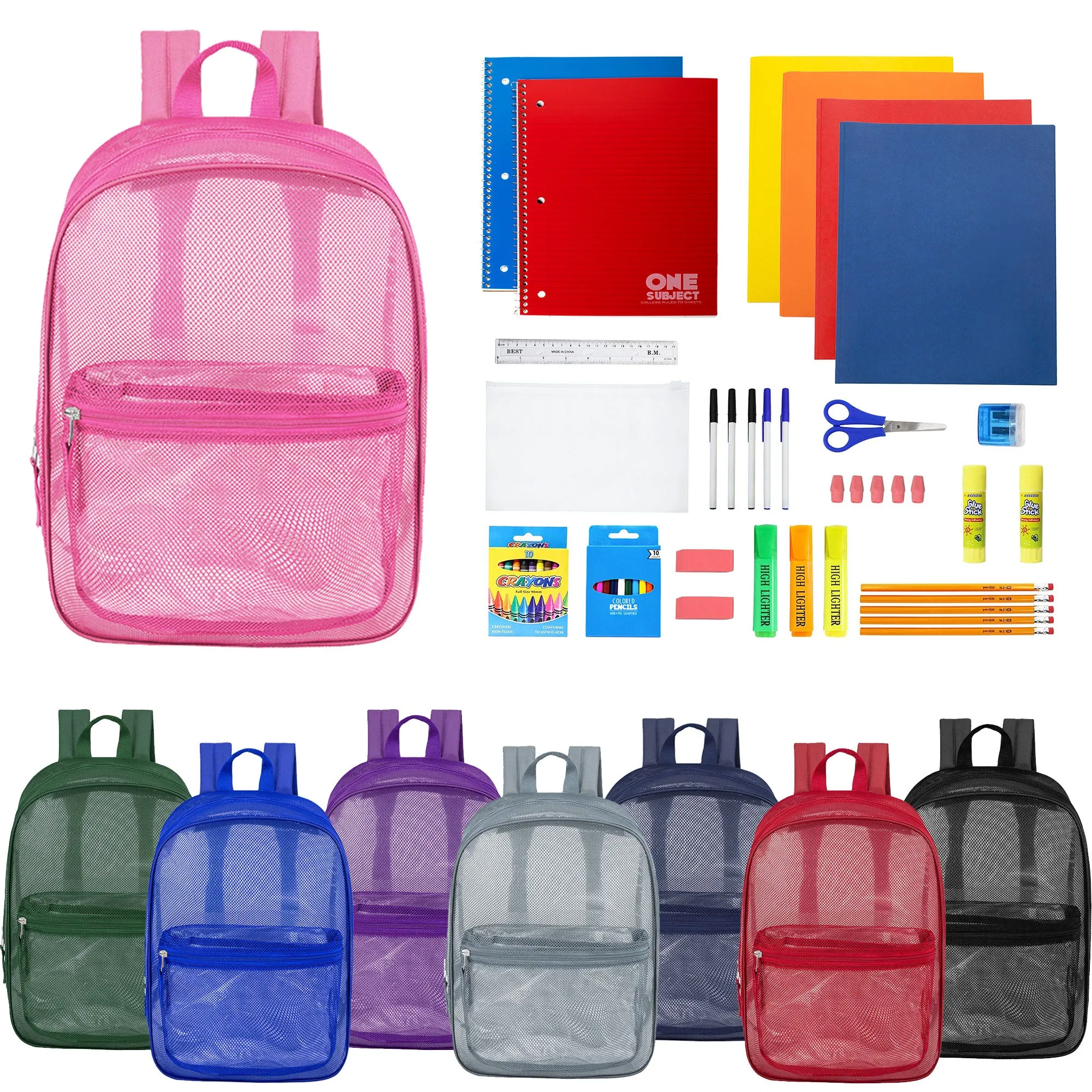 12 Wholesale 17" Mesh Backpacks in Assorted Colors & 12 Bulk School Supply Kits of Your Choice