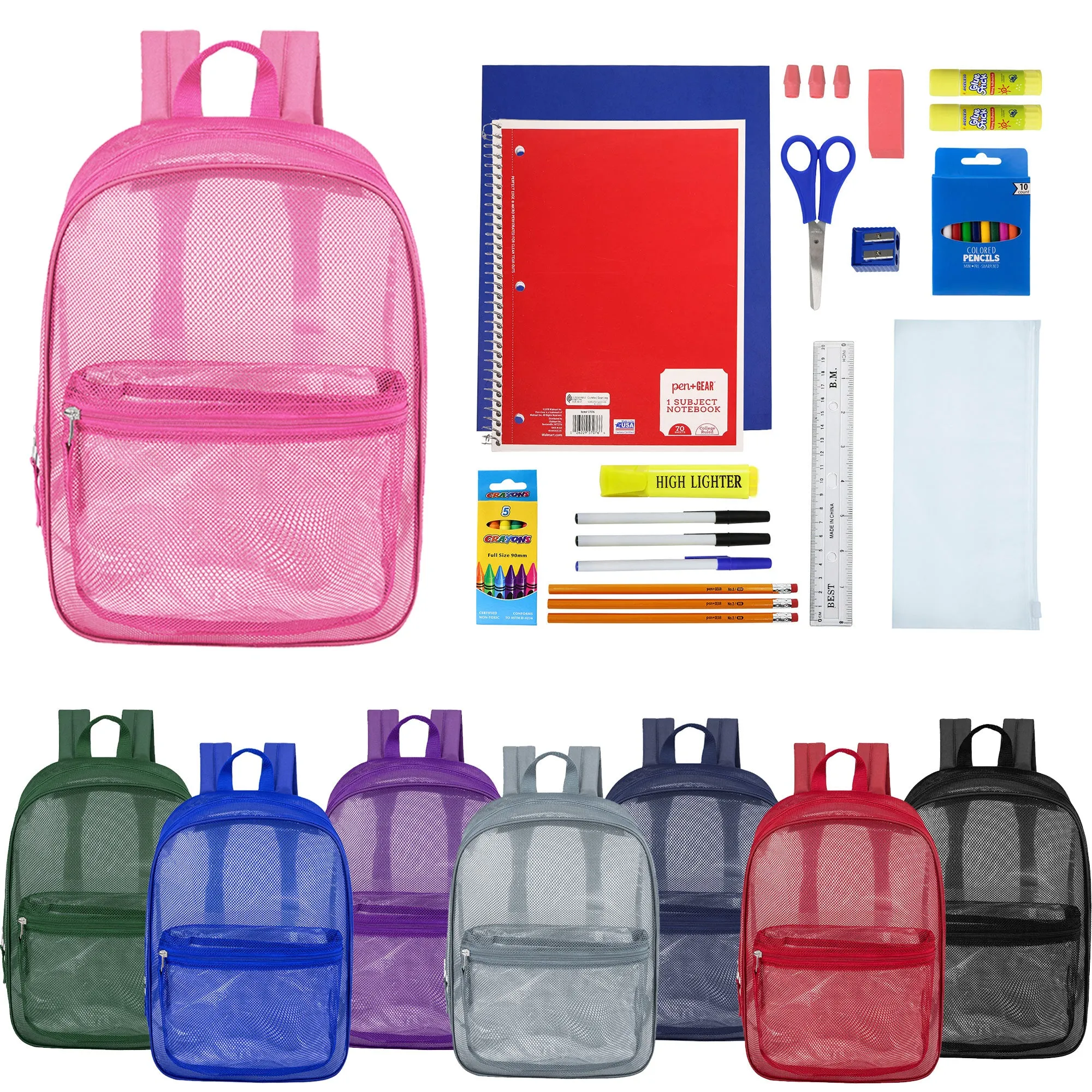 12 Wholesale 17" Mesh Backpacks in Assorted Colors & 12 Bulk School Supply Kits of Your Choice