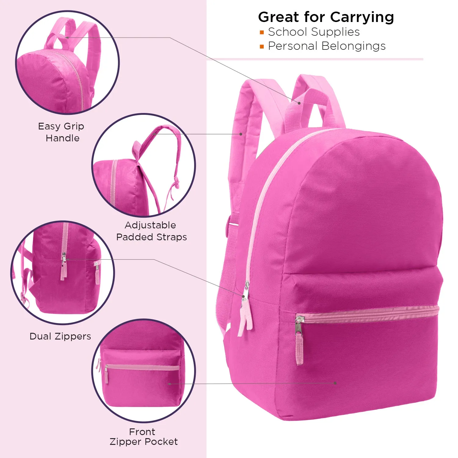 17" Kids Basic Wholesale Backpack in 12 Colors  - Bulk Case of 24 Backpacks