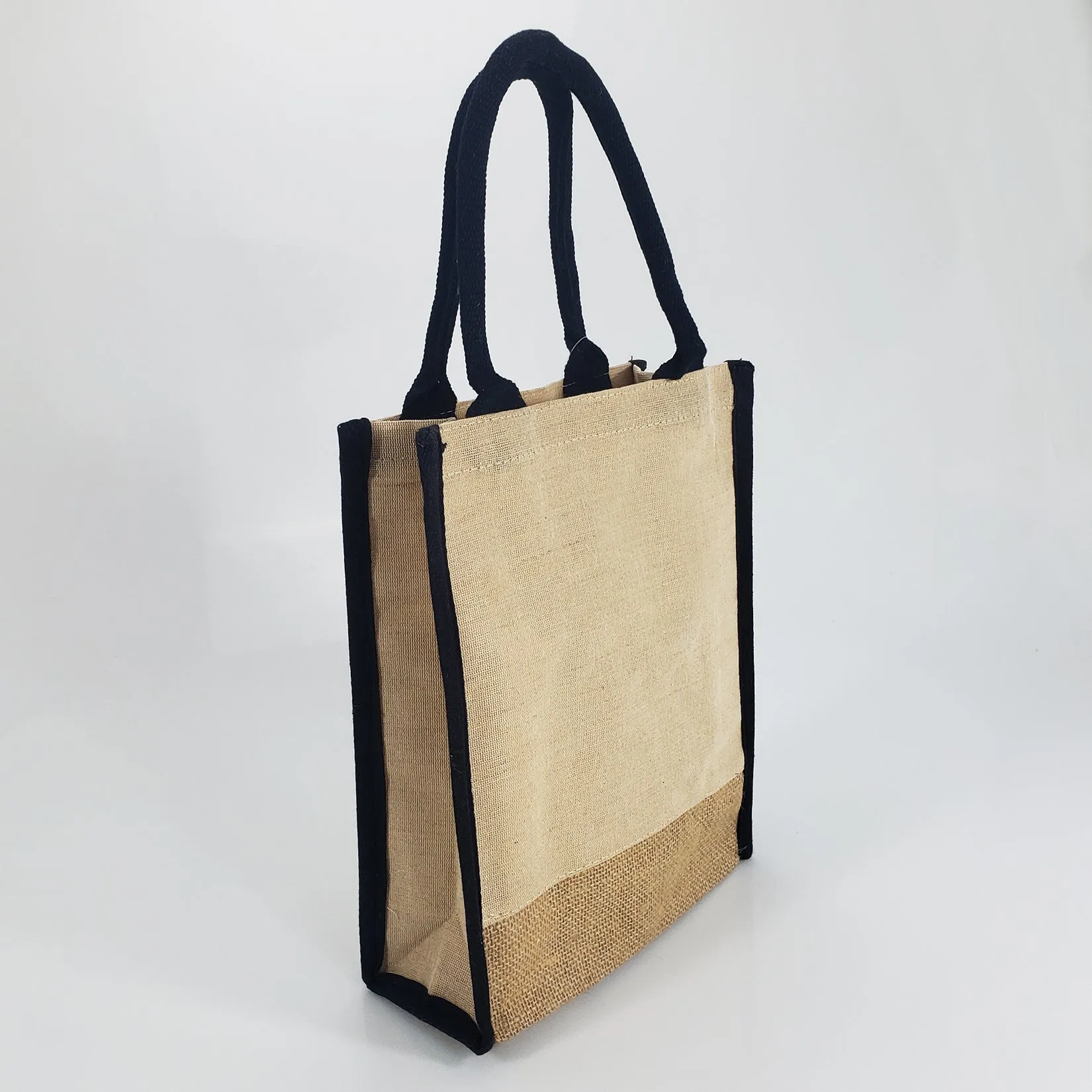 60 ct Small Jute Blend Tote Bags with Full Gusset and Burlap Accents - By Case