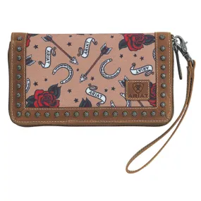 Ariat® Ladies Horseshoes & Roses Tan Wristlet Wallet A770005108