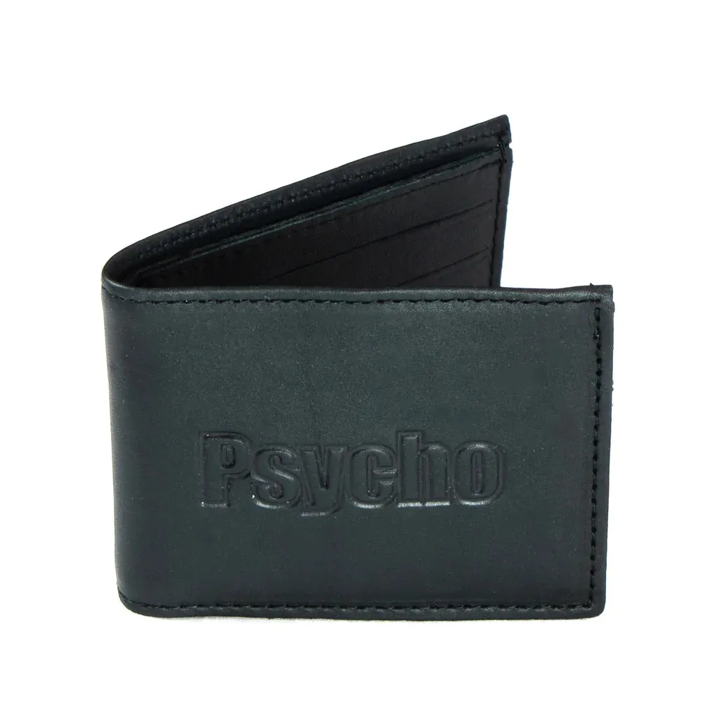 Black Oil Tanned Leather Slim Bi-Fold Wallet w/ Psycho Text