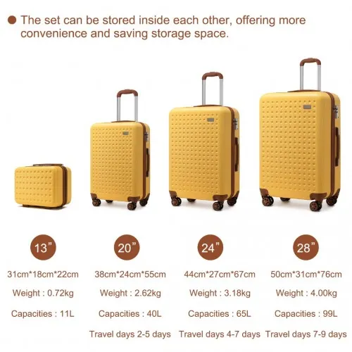 Kono Flexible Hard Shell ABS Suitcase Set with TSA Lock and Vanity Case - Yellow | Durable & Stylish Luggage