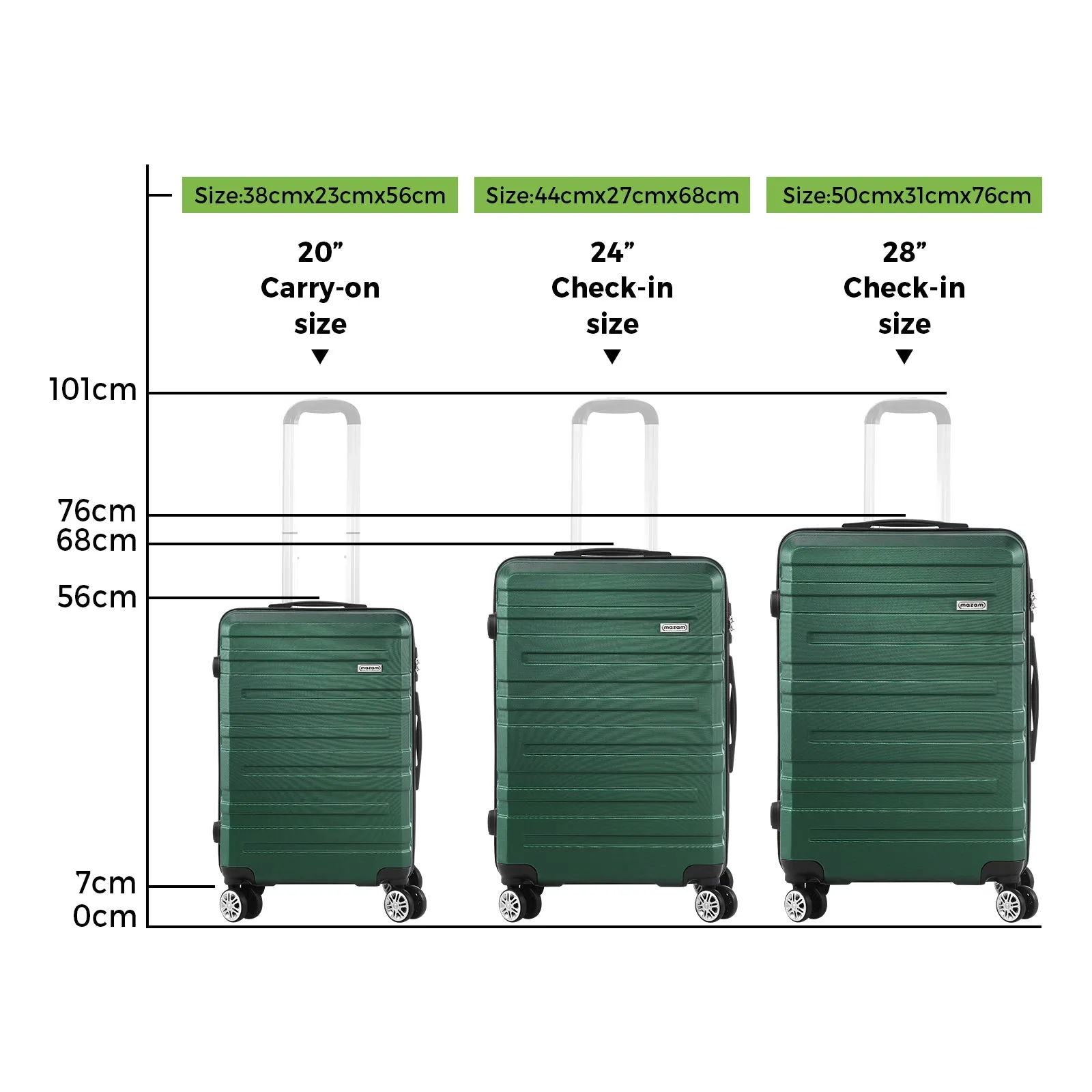 Mazam 3PCS Luggage Suitcase Trolley Set Travel TSA Lock Storage Hard Case Green