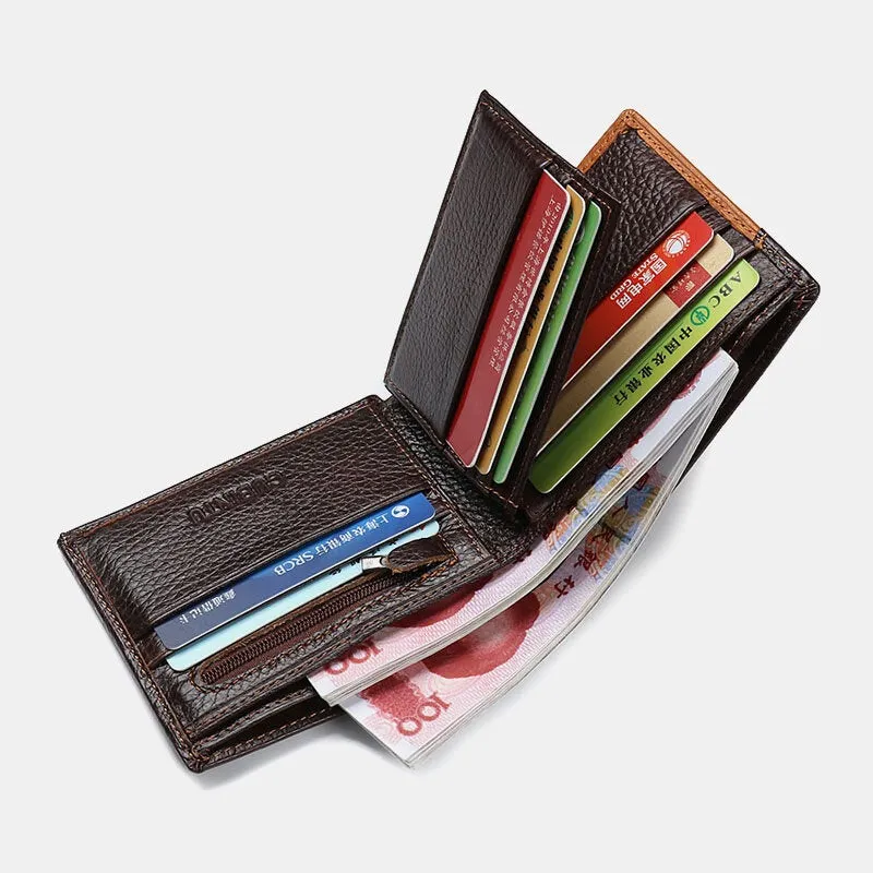 Men Bifold Short Letter Pattern Genuine Leather Wallet Retro 8 Card Slots Splicing Case Coin Purse Money Clip