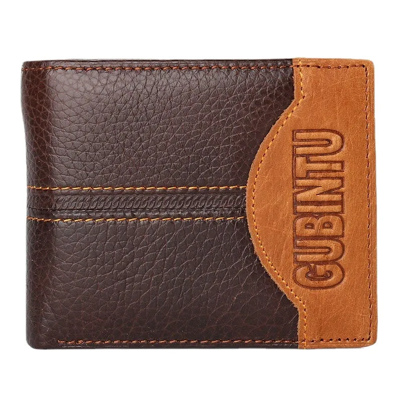 Men Bifold Short Letter Pattern Genuine Leather Wallet Retro 8 Card Slots Splicing Case Coin Purse Money Clip