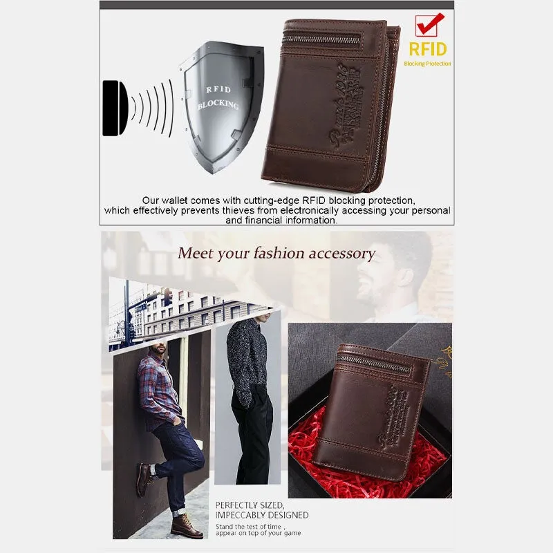 Men Bifold Vertical Wallets RFID Blocking Large Capacity Zipper Coin Purse Soft Genuine Leather Multi-card Slot Card Holder