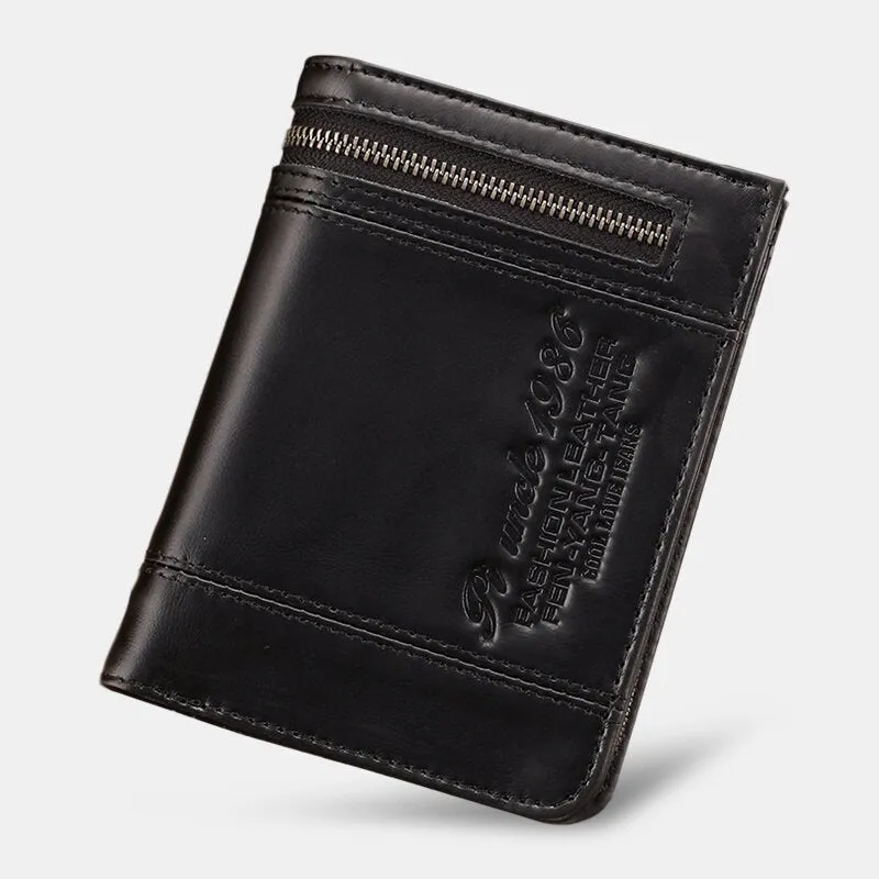 Men Bifold Vertical Wallets RFID Blocking Large Capacity Zipper Coin Purse Soft Genuine Leather Multi-card Slot Card Holder