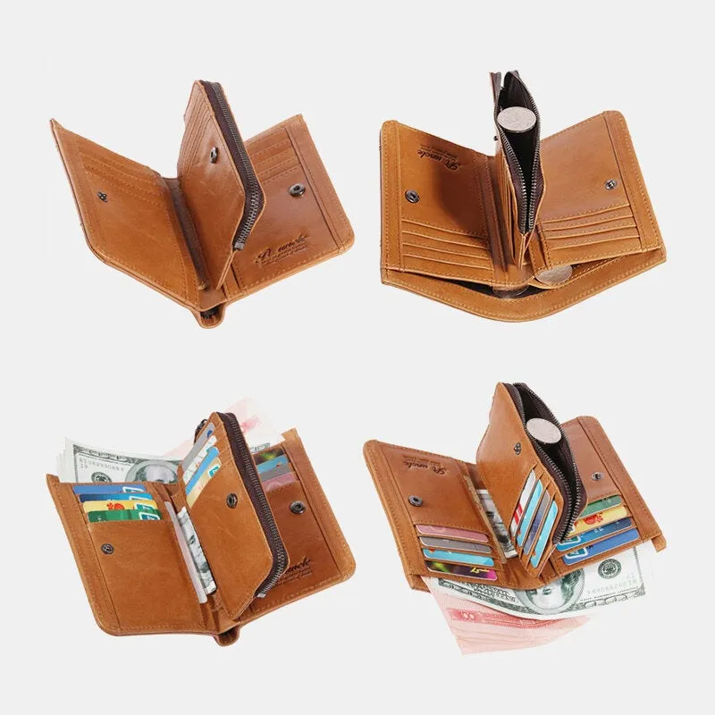 Men Bifold Vertical Wallets RFID Blocking Large Capacity Zipper Coin Purse Soft Genuine Leather Multi-card Slot Card Holder