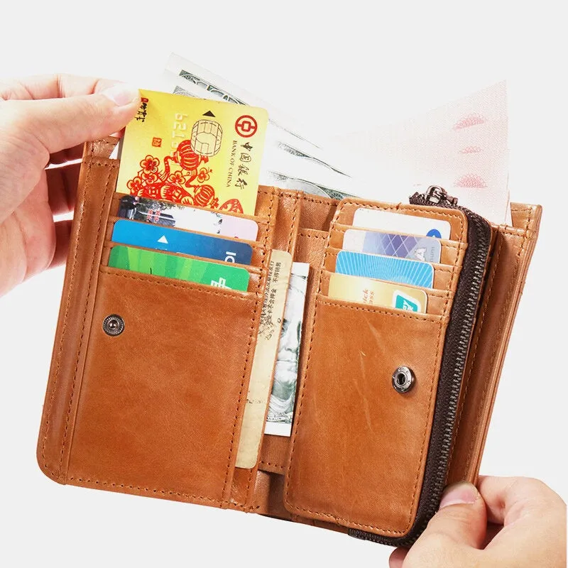 Men Bifold Vertical Wallets RFID Blocking Large Capacity Zipper Coin Purse Soft Genuine Leather Multi-card Slot Card Holder