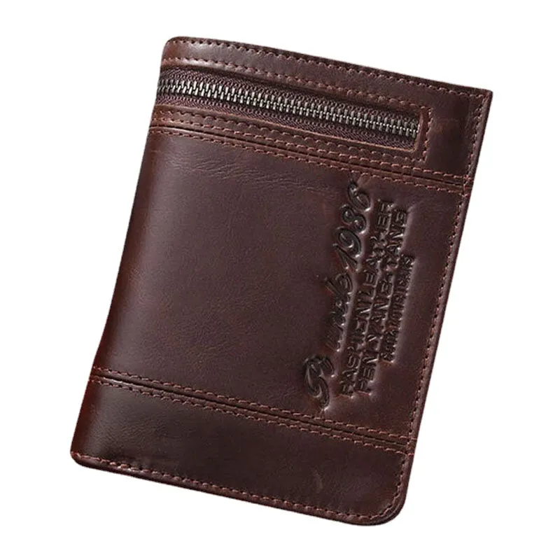 Men Bifold Vertical Wallets RFID Blocking Large Capacity Zipper Coin Purse Soft Genuine Leather Multi-card Slot Card Holder