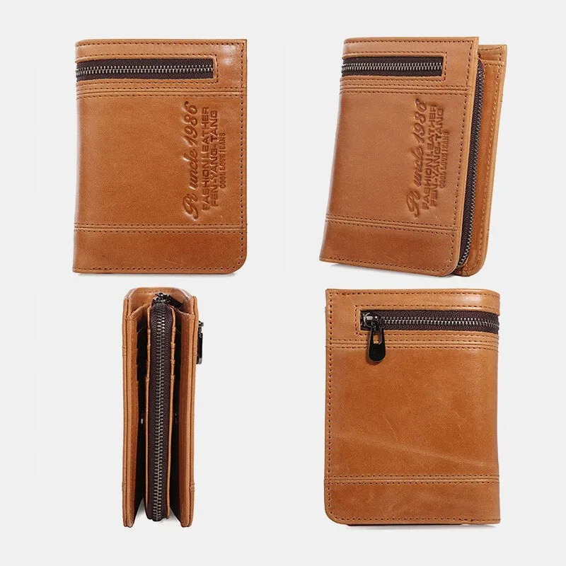 Men Bifold Vertical Wallets RFID Blocking Large Capacity Zipper Coin Purse Soft Genuine Leather Multi-card Slot Card Holder