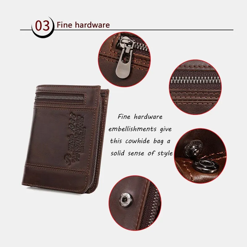 Men Bifold Vertical Wallets RFID Blocking Large Capacity Zipper Coin Purse Soft Genuine Leather Multi-card Slot Card Holder