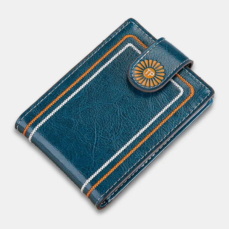 Men Genuine Leather Daisy Pattern Hasp Multifunction Certificate Bag Card Holder Coin Purse Money Clip Cowhide Wallet