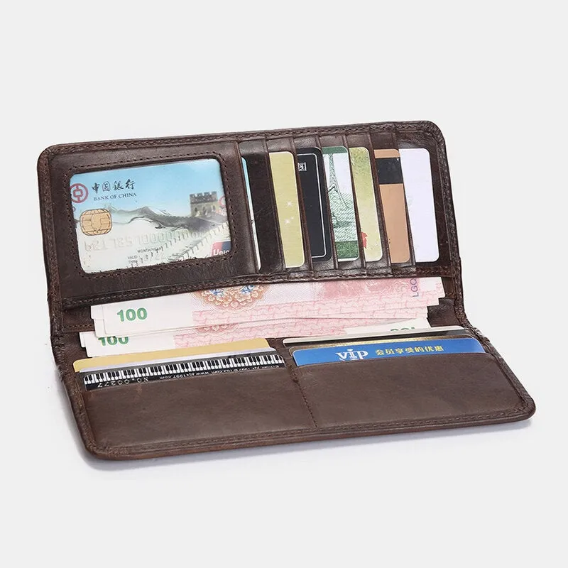 Men Retro Long Bifold Genuine Leather Wallet Casual 12 Card Slot Card Holder Money Clip Clutch Bag