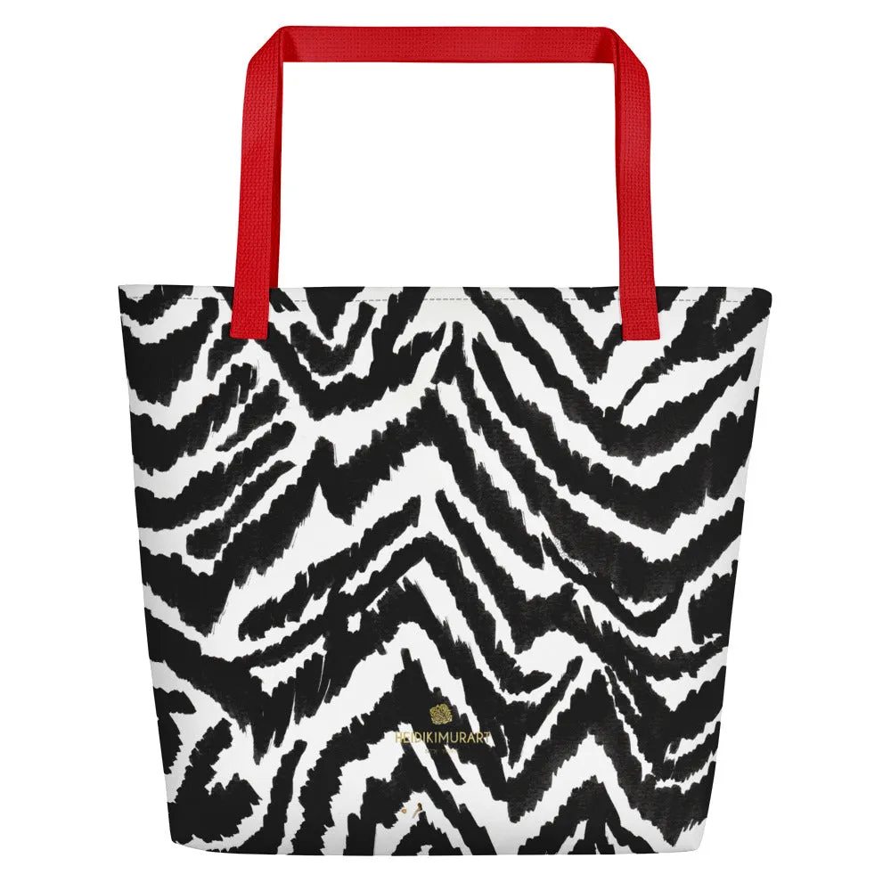 Modern Zebra Tote Bag, Black White Zebra Animal Pattern Print Large Tote 16"x20" Beach Bag- Made in USA/EU