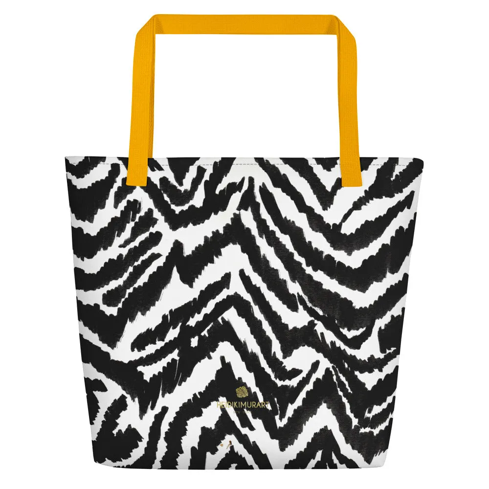 Modern Zebra Tote Bag, Black White Zebra Animal Pattern Print Large Tote 16"x20" Beach Bag- Made in USA/EU