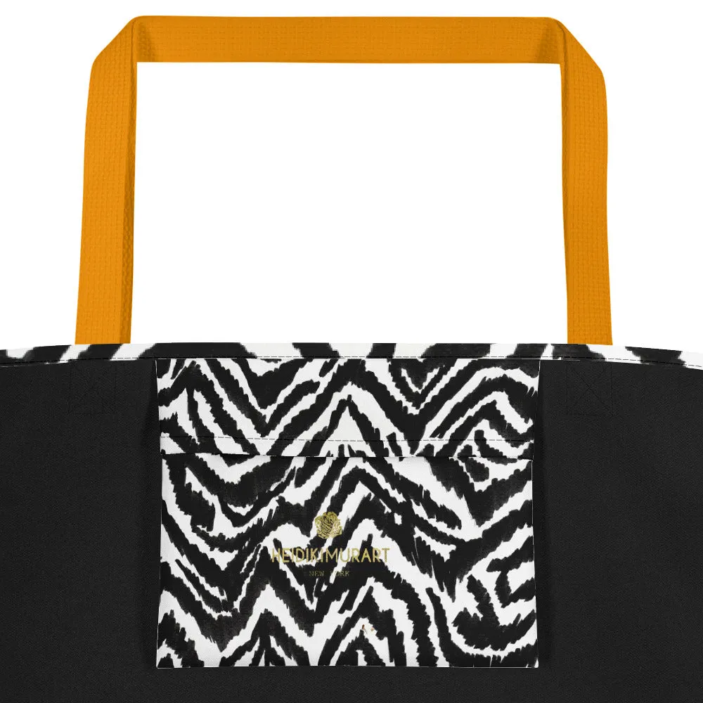 Modern Zebra Tote Bag, Black White Zebra Animal Pattern Print Large Tote 16"x20" Beach Bag- Made in USA/EU