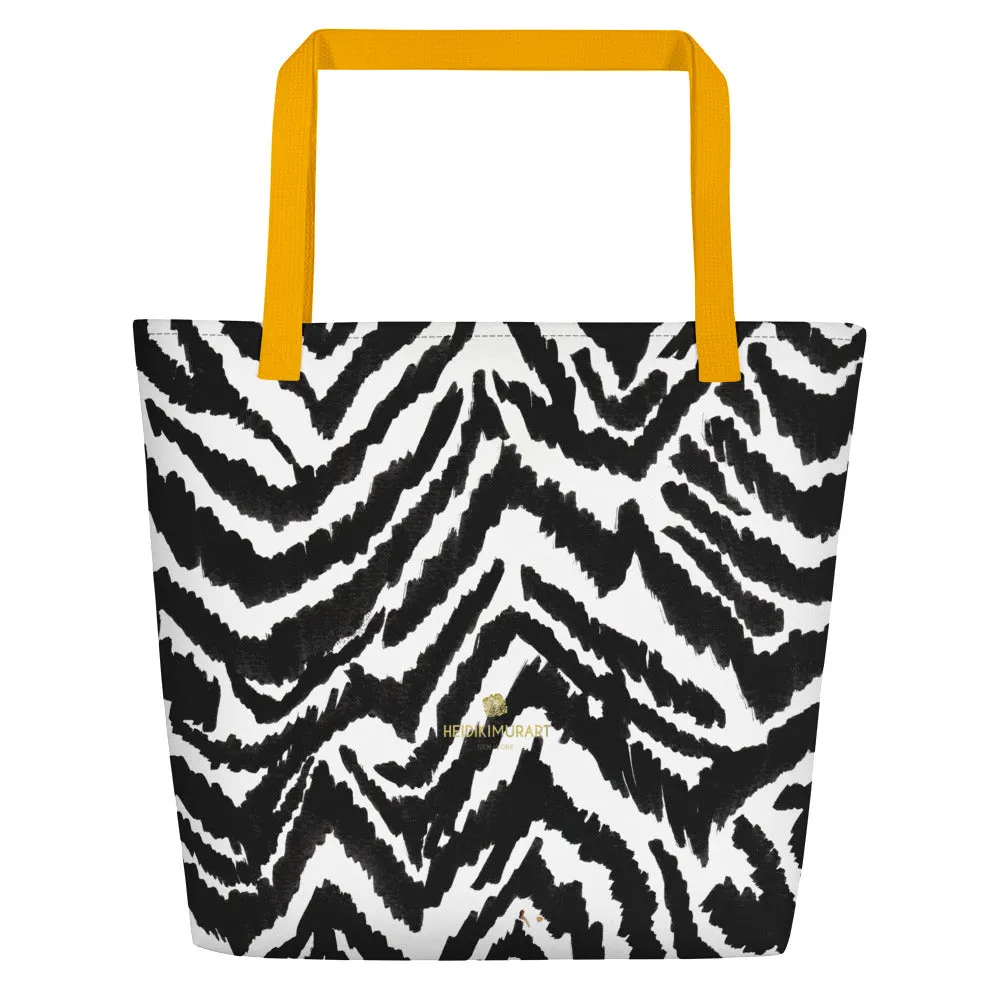 Modern Zebra Tote Bag, Black White Zebra Animal Pattern Print Large Tote 16"x20" Beach Bag- Made in USA/EU