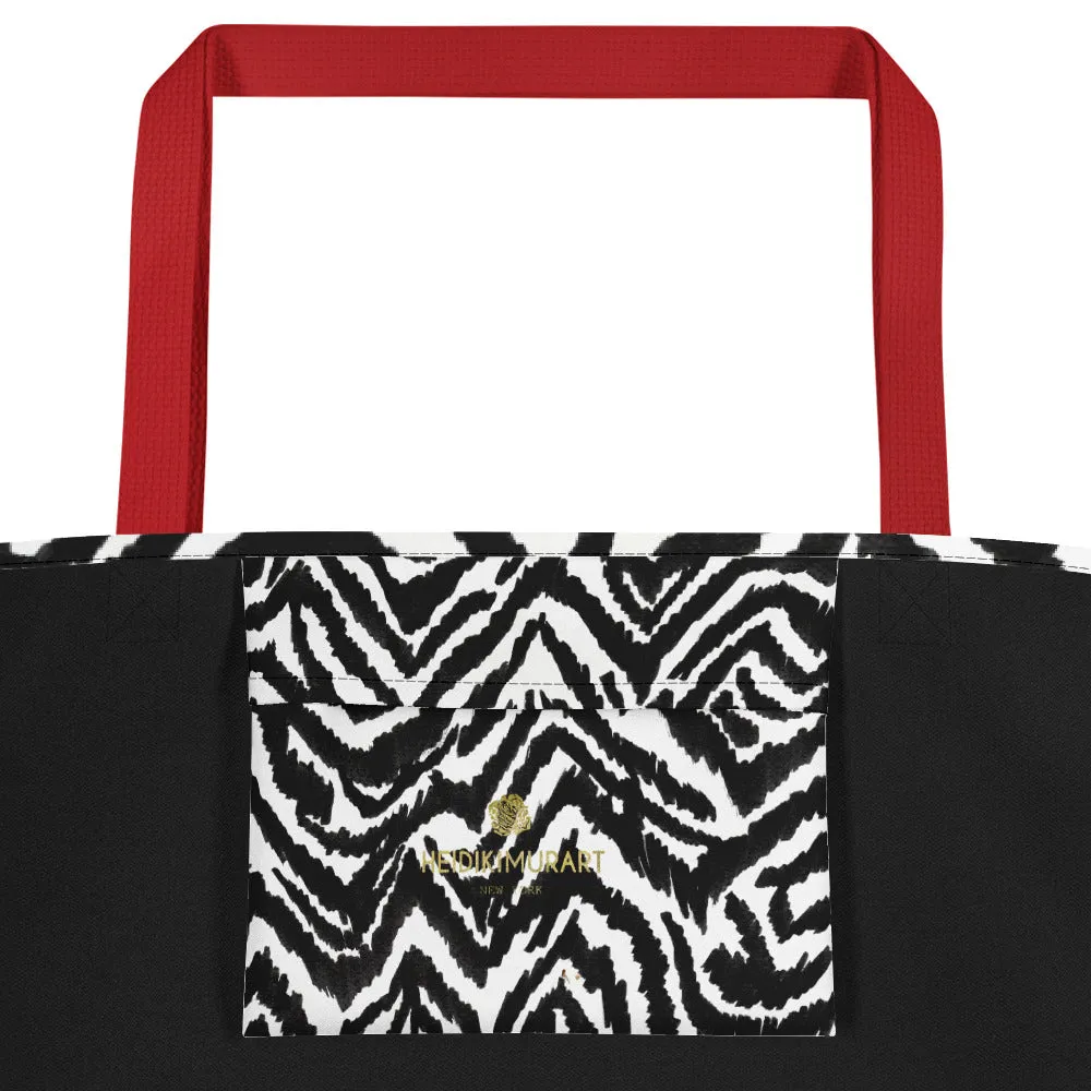 Modern Zebra Tote Bag, Black White Zebra Animal Pattern Print Large Tote 16"x20" Beach Bag- Made in USA/EU