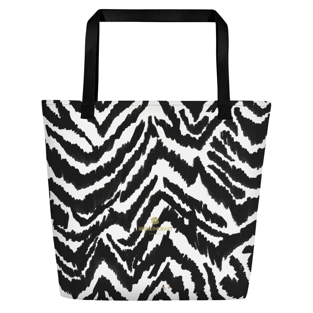 Modern Zebra Tote Bag, Black White Zebra Animal Pattern Print Large Tote 16"x20" Beach Bag- Made in USA/EU