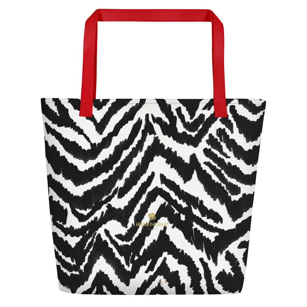 Modern Zebra Tote Bag, Black White Zebra Animal Pattern Print Large Tote 16"x20" Beach Bag- Made in USA/EU