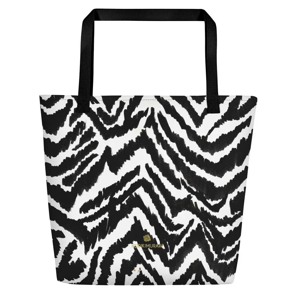 Modern Zebra Tote Bag, Black White Zebra Animal Pattern Print Large Tote 16"x20" Beach Bag- Made in USA/EU