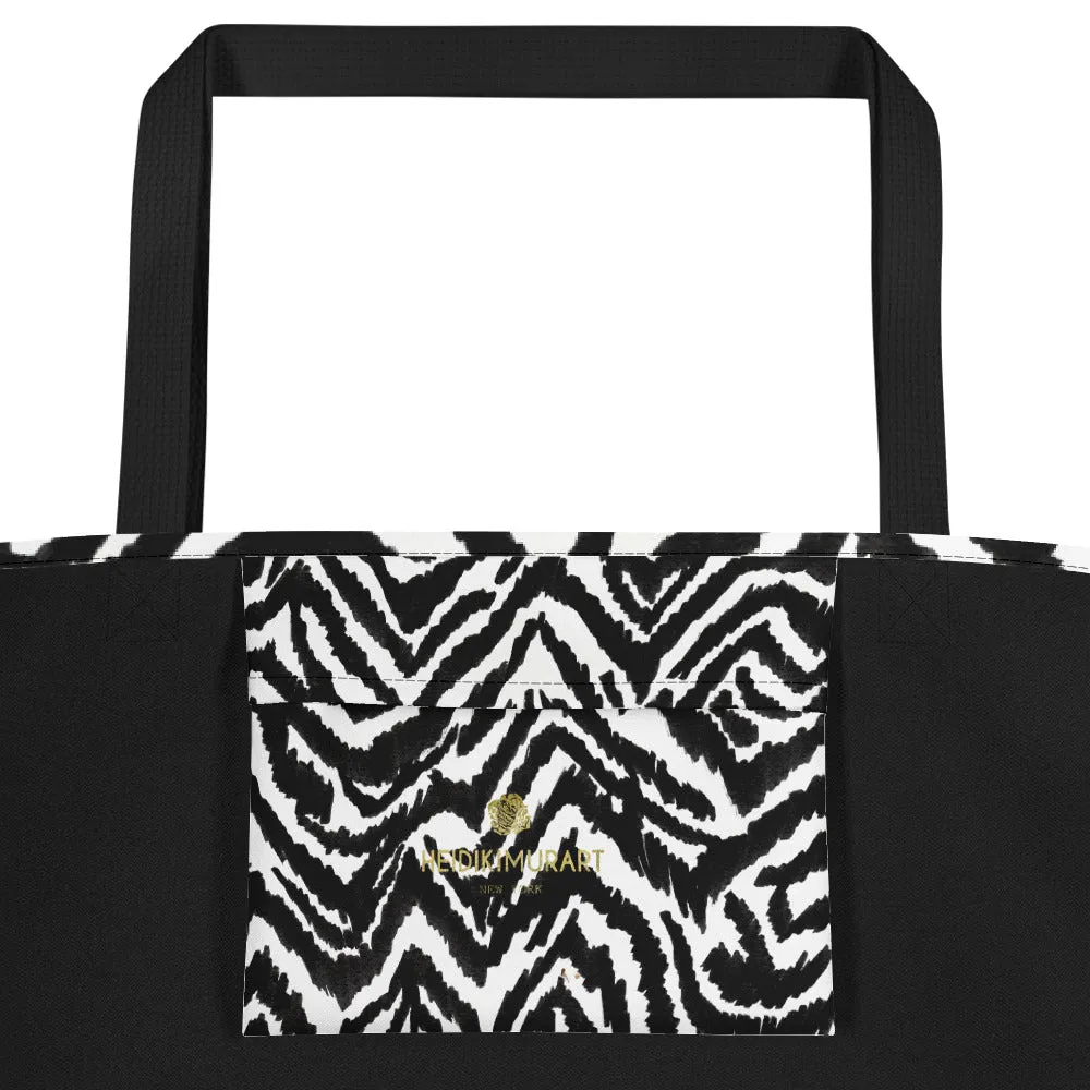 Modern Zebra Tote Bag, Black White Zebra Animal Pattern Print Large Tote 16"x20" Beach Bag- Made in USA/EU