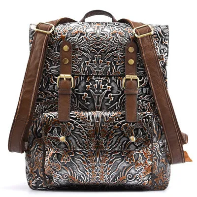 Ozuko High Quality Men Backpack Women Vintage Cowhide Genuine Leather Embossed For Ladies Rucksack Daypack Shool Bags Travel Bag