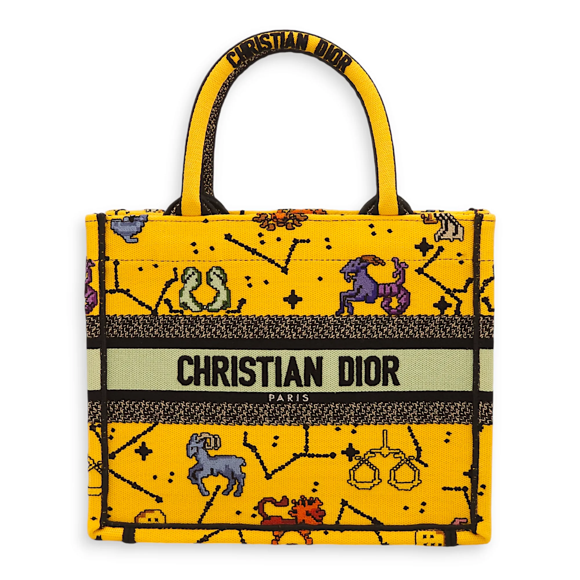 Pixel Zodiac Book Small Yellow, Multicolor Print Tote Bag in Embroidered Canvas