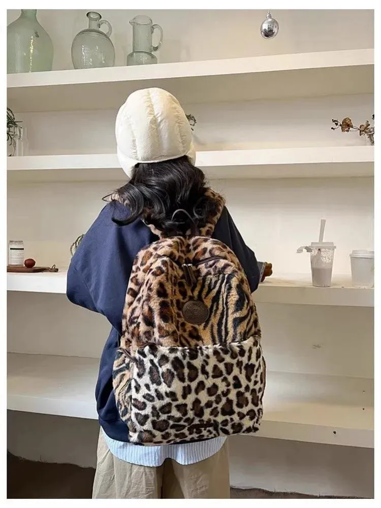 TAVIMART  -  Women Faux Fur Leopard Fluffy Fashion Backpacks Large Capacity Students School Bag Vintage Commuter Backpack