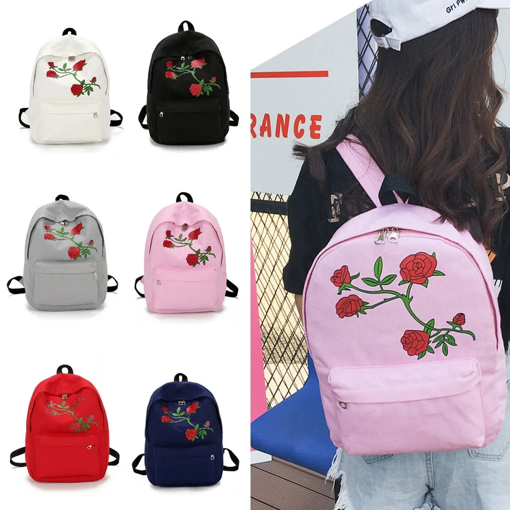 Women Girls Embroidery Rose School Bag Travel Backpack