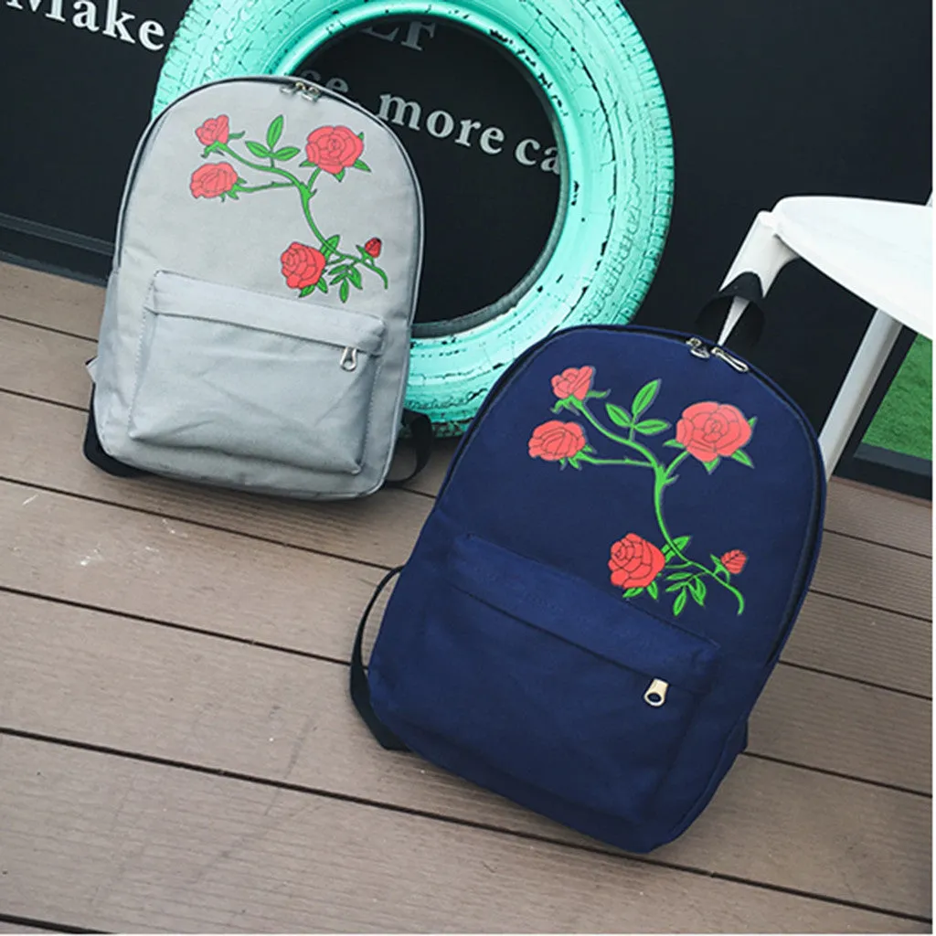 Women Girls Embroidery Rose School Bag Travel Backpack