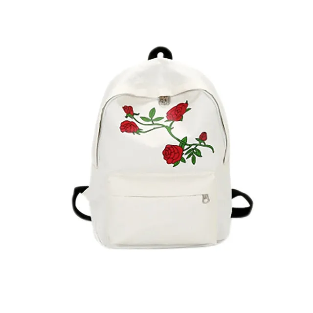 Women Girls Embroidery Rose School Bag Travel Backpack