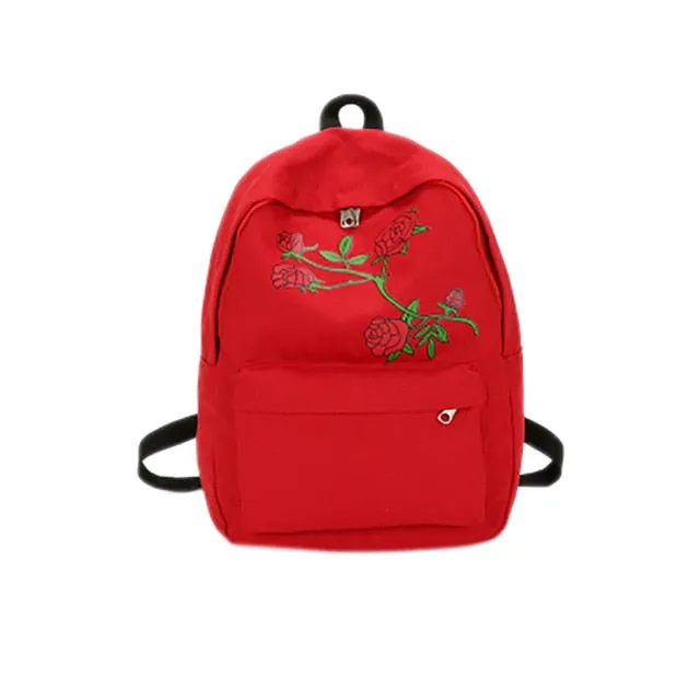 Women Girls Embroidery Rose School Bag Travel Backpack